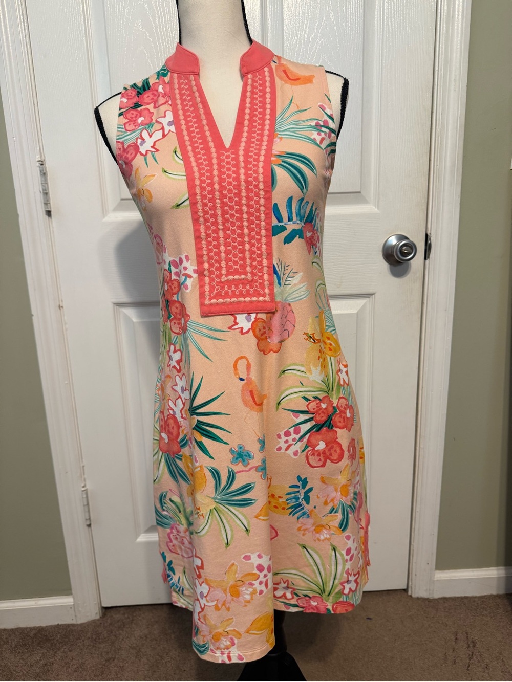 Spartina 449 Peach Floral Sleeveless Dress with Coral Trim